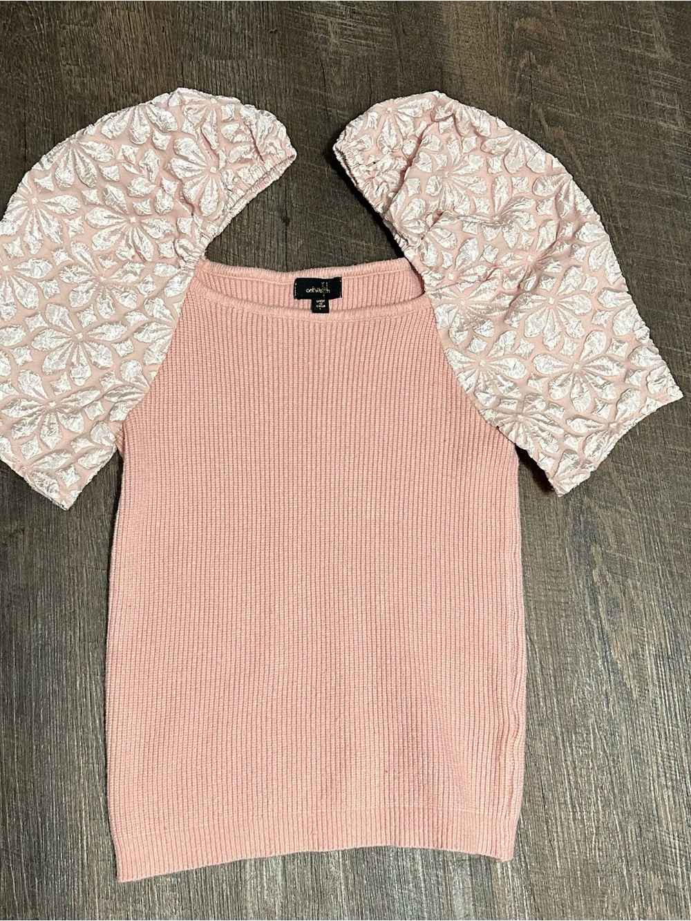 Anthropologie Blush Pink Ribbed Top with Floral Puff Sleeves